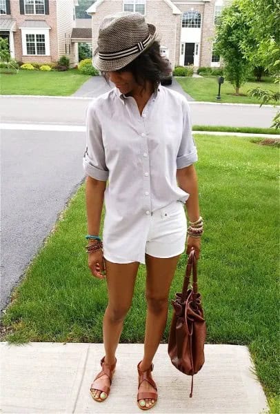 Pale Pink Oversized Button Up Shirt with Grey Checkered Hat