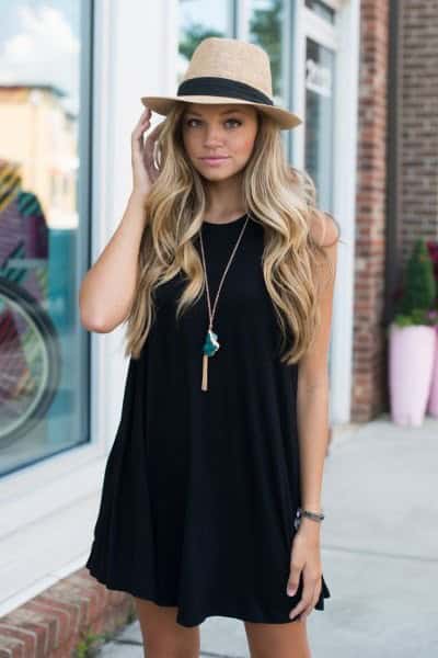 Black Tank Swing Dress with Straw Hat