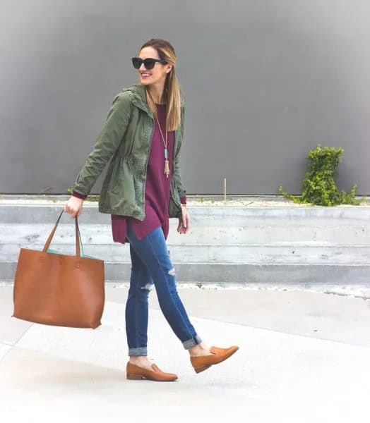 Boho Style Necklace with Grey hooded Jacket & Tan Loafers