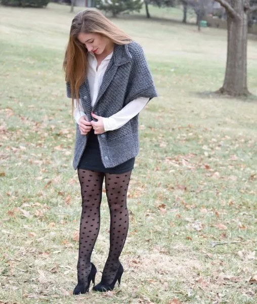 Grey Half Sleeve Cardigan with Black Mini Bodycon Skirt & Polka Dot Tights