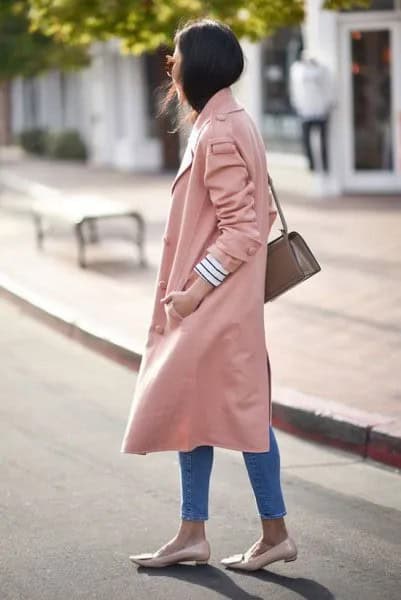 Pale Pink Long Trench Coat with Loafers of Same Color