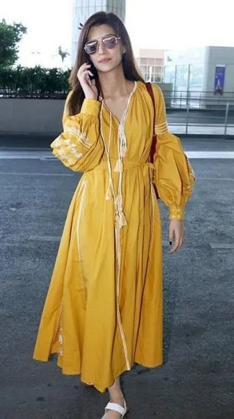 Mustard V Neck Maxi Pleated Puff Sleeve Wrap Dress