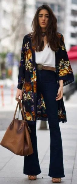 Black Floral Printed Midi Length Kimono Cardigan with High Rise Flared Jeans