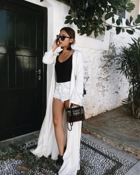 White Floor Length Kimono with Black Vest Top & Mini Shorts