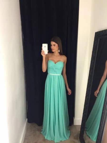 Fit and Flare Belted Strapless Floor Length Pleated Prom Dress