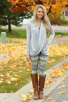 Light Grey Draped Top with Grey and Pale Yellow Tribal Printed Fleece Leggings