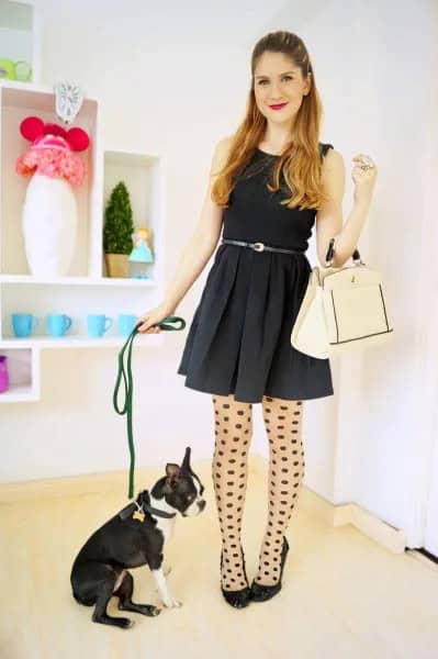 Black Tank Belted Mini Skater Dress with Polka Dot Stockings & Ballet Heels