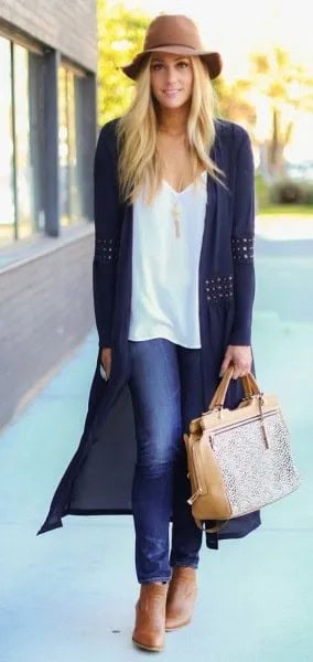 Floppy Hat with White V Neck Vest Top & Black Crochet Long Cardigan