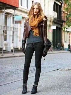 Deep Brown Leather Short Jacket with Grey Knit Sweater