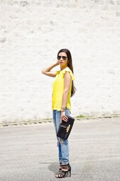 Yellow Ruffle Shoulder Sleeveless Blouse with Cuffed Boyfriend Jeans