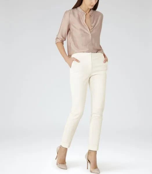 Rose Gold Silk Shirt & White Skinny Pants