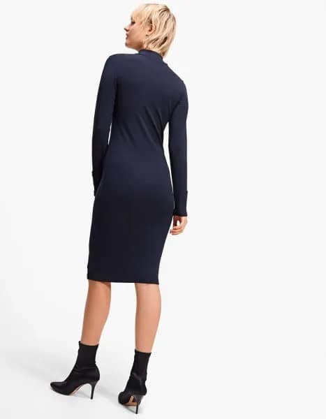 Navy Mock Neck Midi Dress with Crew Socks & Heels