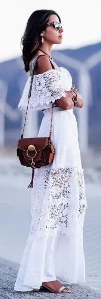 White Off The Shoulder Lace Long Dress