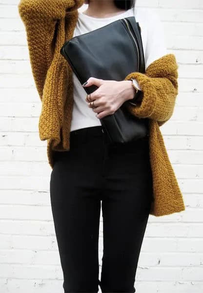 Lime Green Cardigan with White Tee & Black Jeans