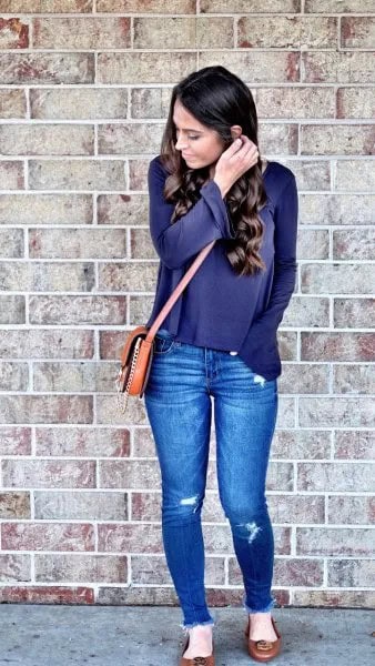 Navy Long Sleeve Tee with Blue Skinny Jeans