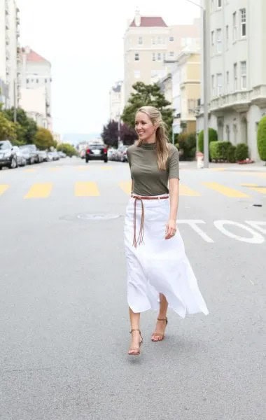 Grey Mock Neck Half Sleeve Sweater with White Linen Midi Skirt