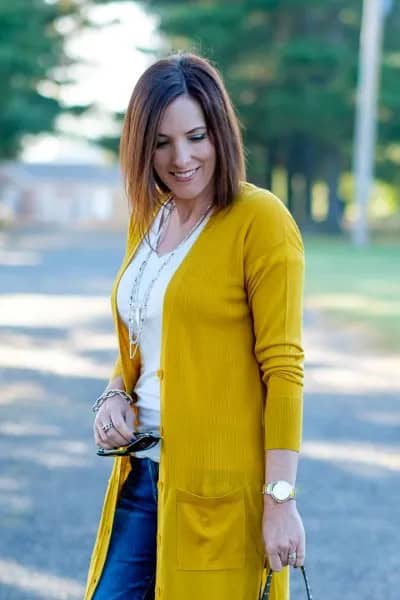 Mustard Yellow Cardigan Sweater with White Scoop Neck Tee & Blue Jeans