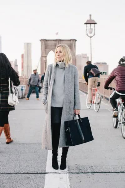 Grey Maxi Wool Long Coat with Turtleneck Chunky Sweater