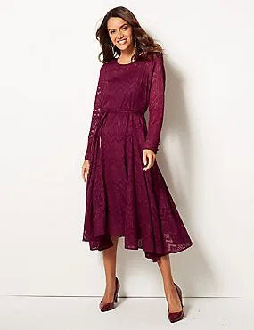 Purple Long Sleeve Lace Flared Pleated Dress with Black Velvet Heels