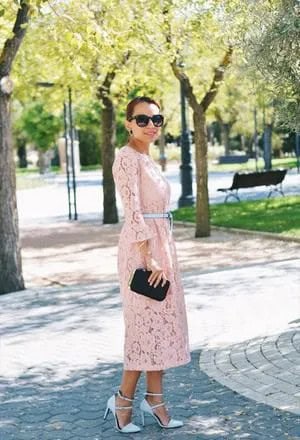 Pale Yellow Bell Sleeve Belted Maxi Lace Dress with Strappy Pink Heels