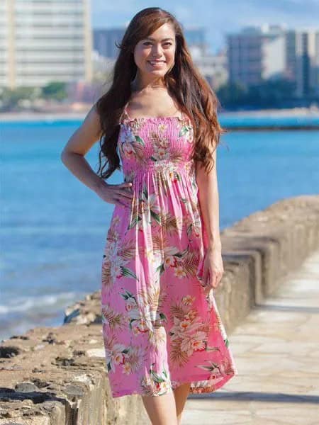 Pink and White Floral Print Fit and Flare Midi Dress