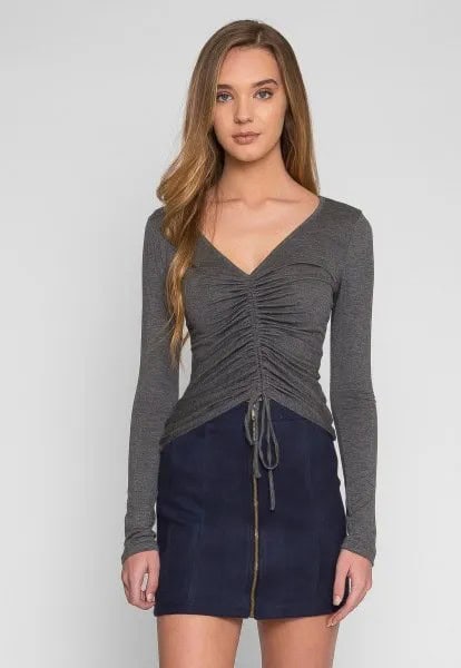 Grey V Neck Ruched Long Sleeve Top with Dark Blue Mini Skirt