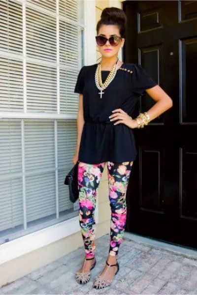 Black T Shirt with Navy Blue Floral Printed Leggings