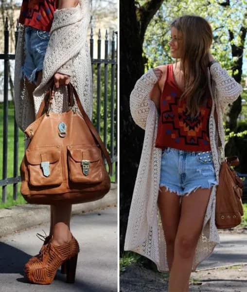 White Maxi Crochet Cardigan with Red Graphic Tank Top & Mom Jean Shorts