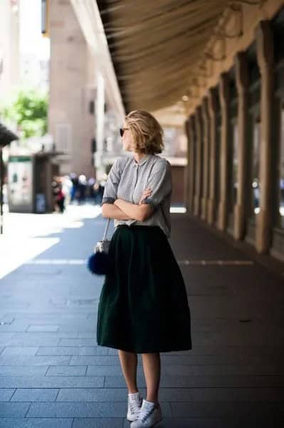 Grey Polo Shirt with Black High Waisted Midi Flare Skirt & White Comfortable Walking Shoes