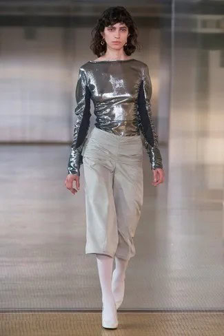 Metallic Blouse with Grey Cropped Wide Leg Pants