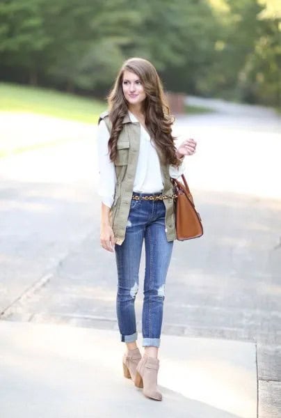 White Blouse with Light Brown Vest & Grey Ankle Suede Boots