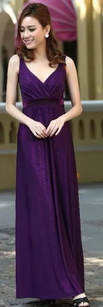 Dark Purple Deep V Neck Maxi Dress with Black Open Toe Heels