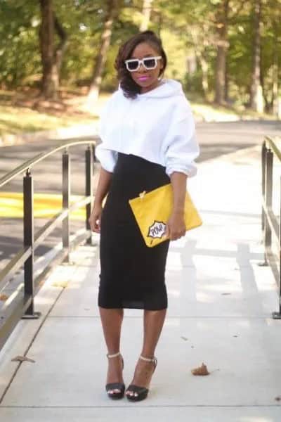 White Cropped Hoodie with Black High Waisted Midi Skirt