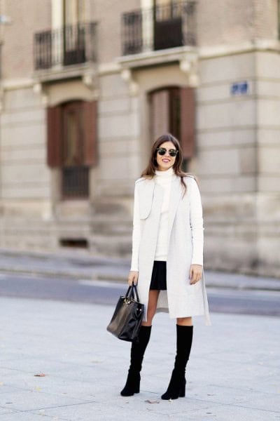 White Long Cardigan with Mock Neck Sweater & Mini Skirt