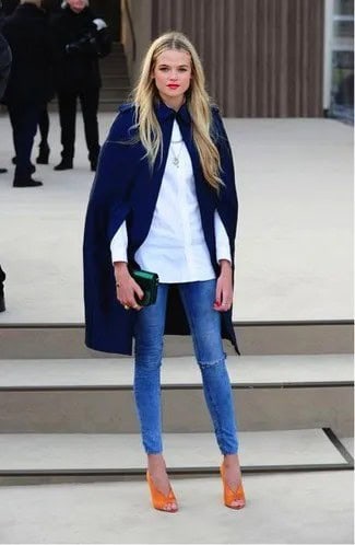 Navy Cape Coat with White Button Up Shirt & Blue Jeans