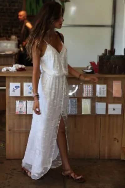 White Cami Gathered Waist High Split Maxi Beach Dress