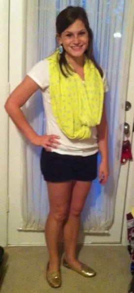 Yellow Printed Summer Scarf with White Tee & Black Mini Shorts