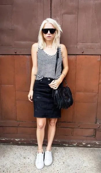 Black and Grey Striped Vest Top with Black Denim Mini Skirt