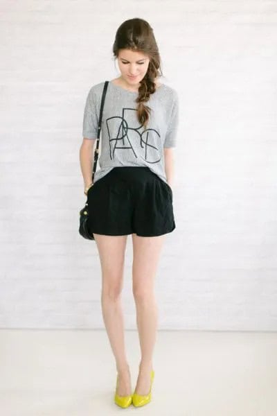 Grey Printed T Shirt with Black Flowy Shorts