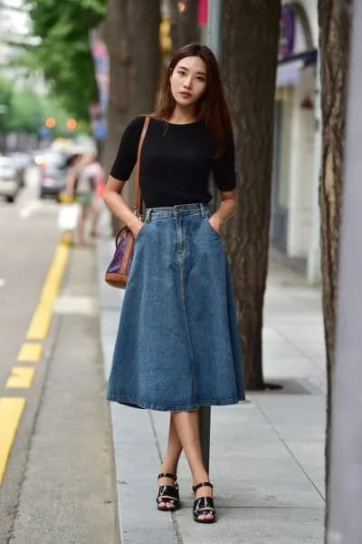 Black Short Sleeve Fitted T Shirt with Blue Denim Long Skirt & Sandals