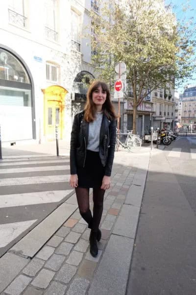 Black Leather Jacket with Denim Skirt & Stockings