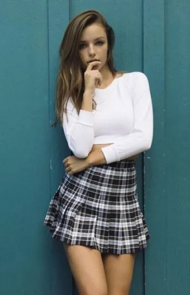 White Cropped Sweater with High Waisted Mini Plaid Skirt