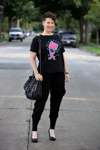 Black Graphic Tee with Jogger Pants & Leather Heels