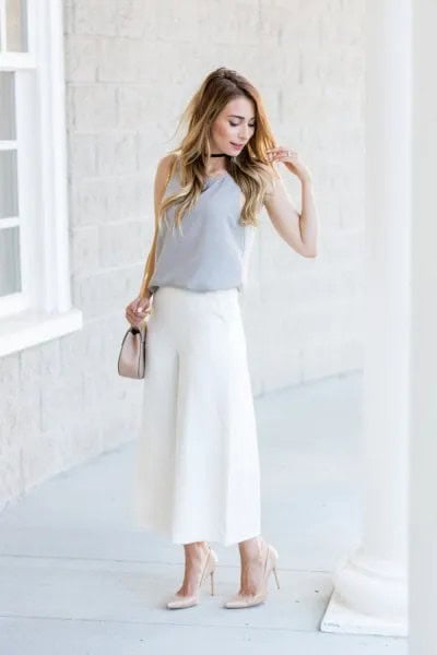 Pink Sleeveless Blouse with White Culottes