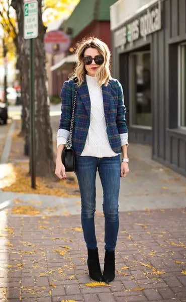 Navy and Green Plaid Jacket with White Turtleneck Cable Knit Sweater