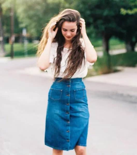 Pale Pink Lace Short Sleeve Top with Blue High Waisted Knee Length Denim Skirt