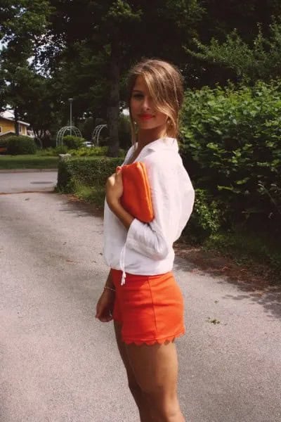 White Blouse with Orange Scalloped Hem Shorts