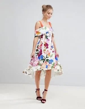 White Cold Shoulder Midi Floral Dress