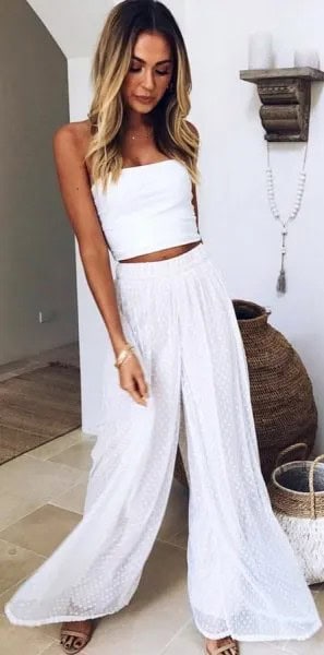 White Strapless Crop Top with Flare Chiffon Pants