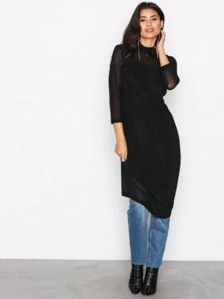 Wear Black Sheath Midi Dress Over Jeans